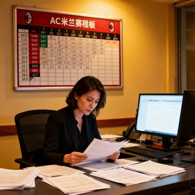 米兰体育主编李薇，在编辑台前审阅稿件，背景是AC米兰赛程板